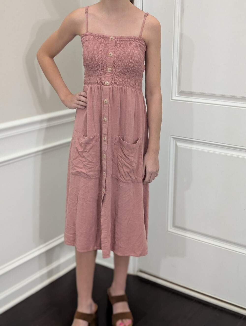 Girls Smocked Button-Front Pink Maxi Dress with Pockets M(12-14)
